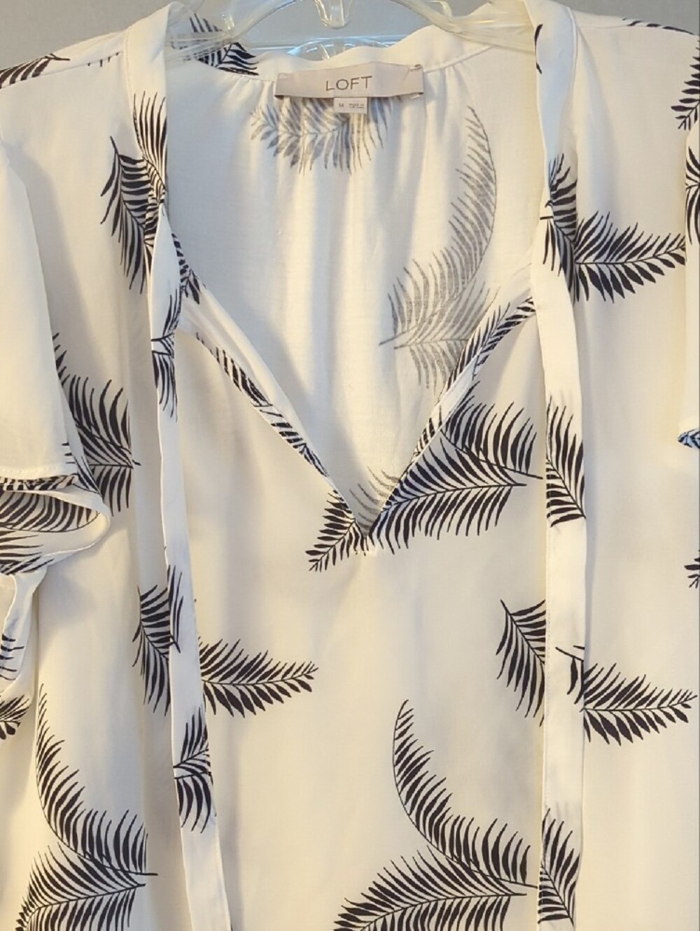 LOFT White Blouse with Black Palm Leaf Print and Tie V-Neck - Picture 4 of 9